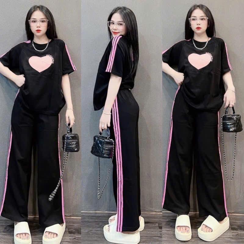 Bộ áo phông quần dài thể thao chất cotton su phom rộng in hình trái tim Thun Sport - Nữ - Size 40-75kg 0