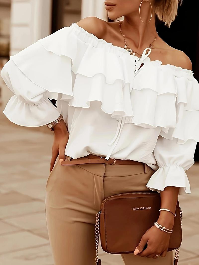 Product Introduction of Women's Plain Frill Trim Tie Front Off Shoulder Blouse, Elegant Ruffle Trim Flounce Sleeve Tiered Layer Top for Spring & Fall, Ladies Clothes for Daily Wear 3
