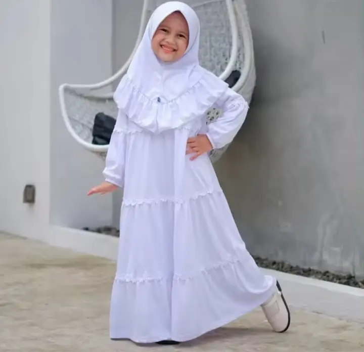 Produk GAMIS ANAK SET HIJAB PEREMPUAN TERBARU  USIA 5-8 TAHUN BAHAN KATUN GAMIS ANAK PEREMPUAN  PLUS KERUDUNG MOTIF RENDA KEKINIAN GAMIS ANAK PUTIH POLOS VARIASI RENDA BORDIR 0