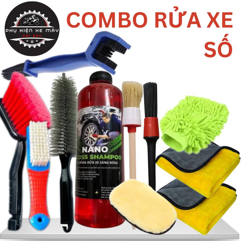 COMBO RỬA XE SỐ TẠI NHÀ - CHAI XÀ BÔNG 1L + 10 DỤNG CỤ RỬA XE TẠI NHÀ