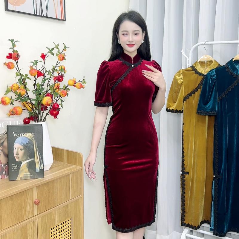 Sườn xám nhung phối ren sang trọng Nữ Dress Đỏ