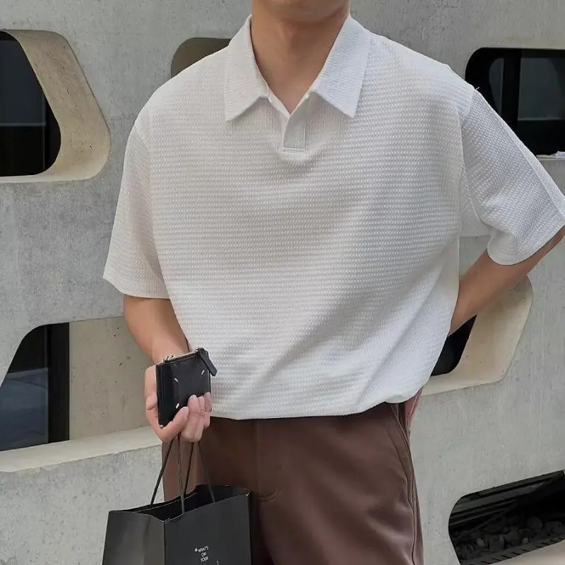 Waffle Short Sleeve Polo Shirt, Korean Style, Men's, V-neck Plain Polo Shirt, Suitable for Summer Fashion, Loose, Versatile Casual, Top, Apricot