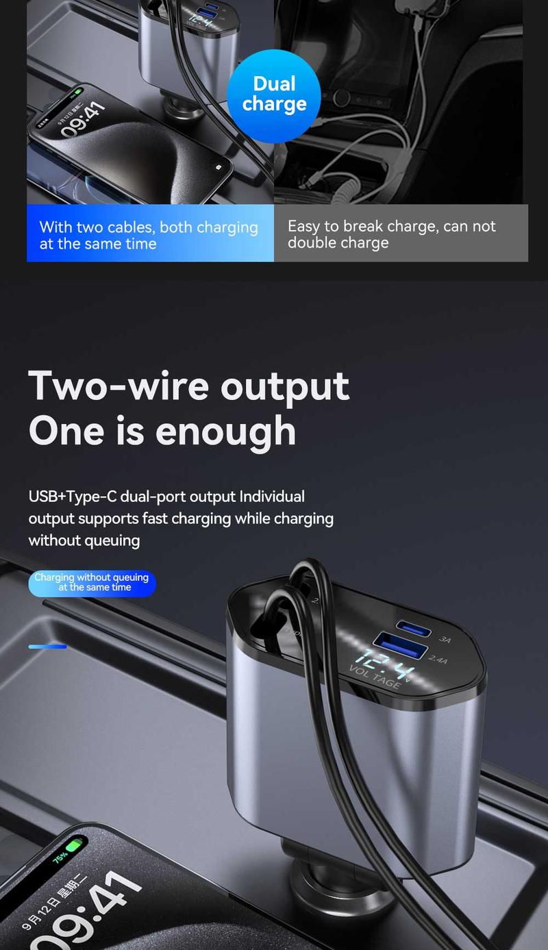 Product Introduction of new 120W multi-functional car charger for car charging elastic recovery for Apple jack and Typr-C with numerical display direction adjustable multi-port work simultaneously luggage  holder universal  travel tessan  travel Ultra-Fast Multi-Device Type C 12