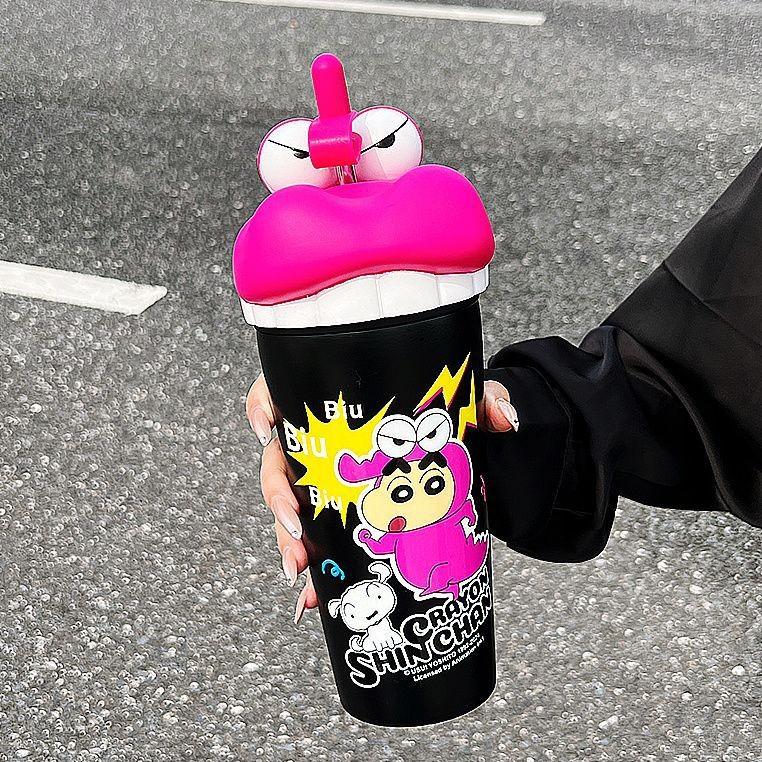Bình Nước, Bút Chì Màu Shin Chan, Đầu To, Bình Giữ Nhiệt Ngớ Ngẩn, Dung Tích Lớn 600ml, Có Ống Hút, Cốc Quà Tặng 6