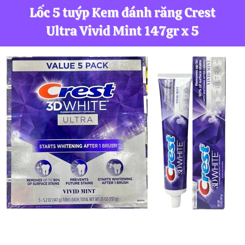 Lốc 5 tuýp Kem đánh răng Siêu trắng Crest 3D White Ultra Vivid Mint 147gr - chính hãng Mỹ   Trắng Răng dentifrice  trắng răng Women nam Nữ kem  đánh