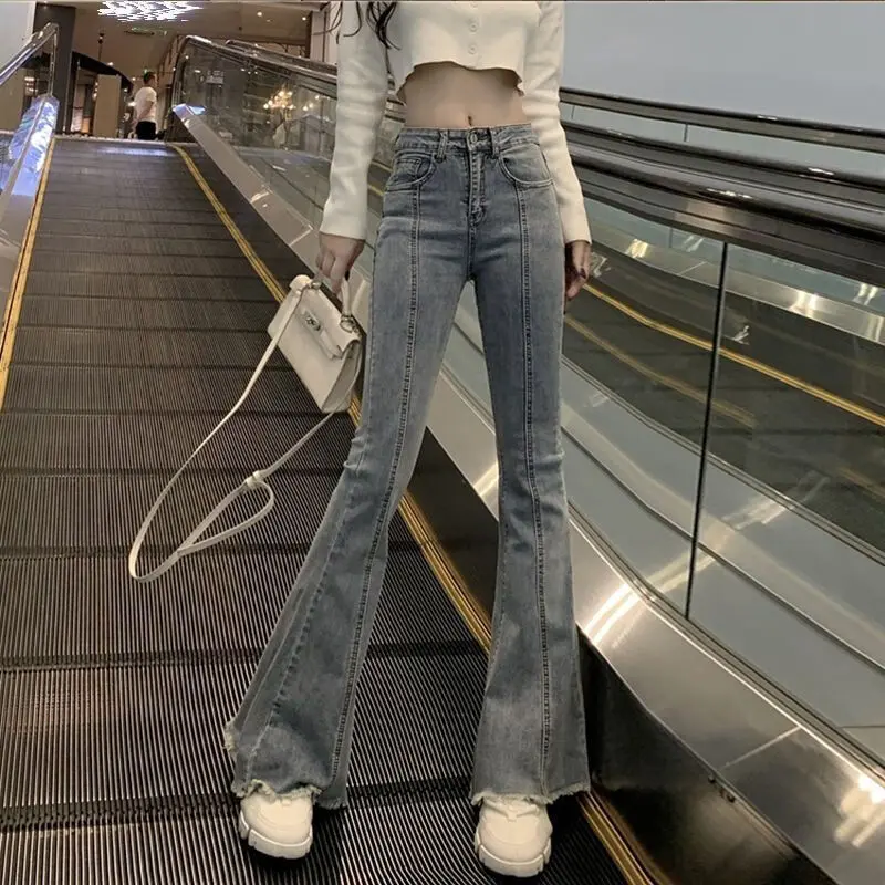 Laiyueba Raw Hem High Waist Jeans for Women Slim-Fit Micro Flared Pants New 2023 Slim Pants Spring and Autumn Bai Match Trousers