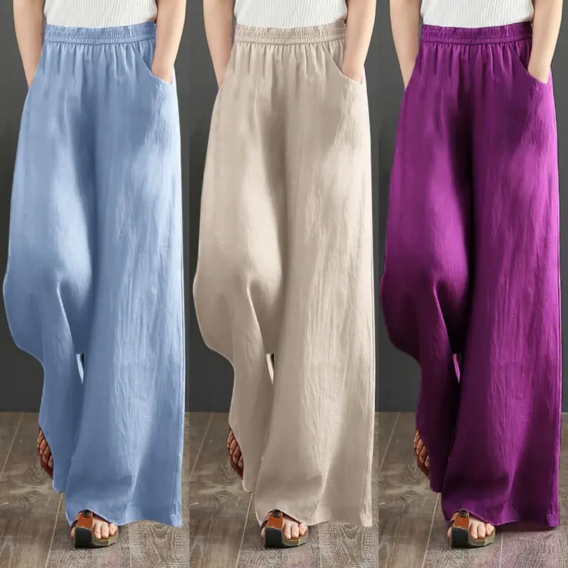 Plus Size Women Loose Casual Pants Cotton Linen Wide Leg Pants Female Long Pants Retro Elastic High Waist Trousers Strechable Comfort Bottom Fashion Womenswear