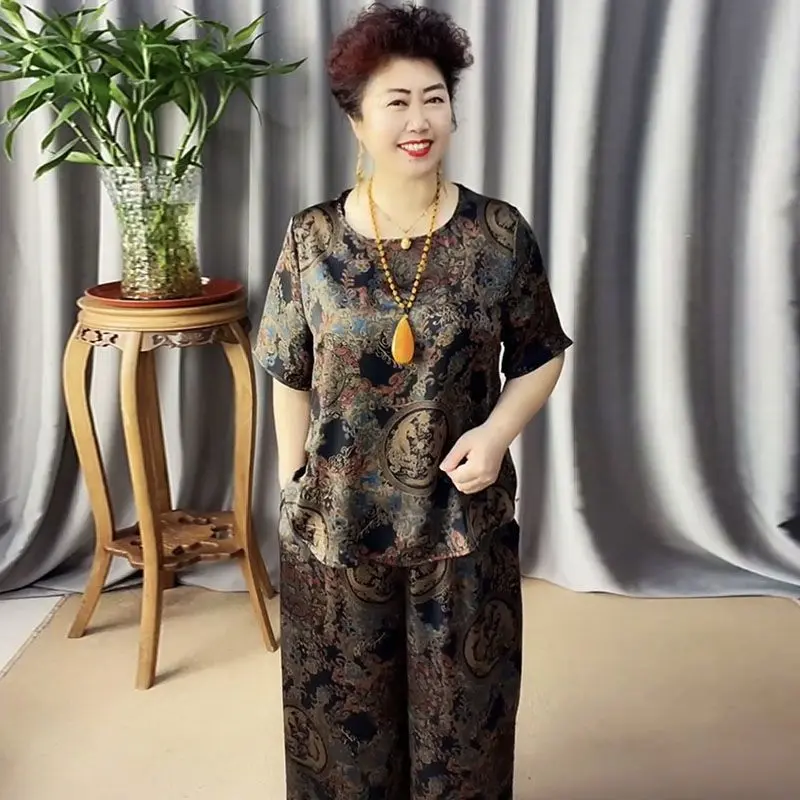 Trang Phục Mùa Hè, Cho Mẹ TRUNG NIÊN, Quần Áo Sành Điệu, Dáng Rộng Rãi Và Mỏng, In Cổ Điển, Bộ Hai Mảnh Cho Bà, Thời Trang Mới 2023