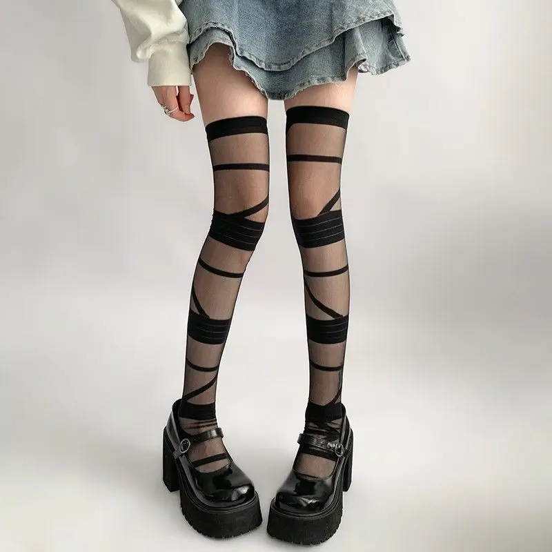 1pc Japanese Strap Pile Socks Spice Girls Black and White Bandages Long Over The Knee Stockings Women's Lolita Socks Thin Striped Socks Womenswear Lingerie Lady Comfort