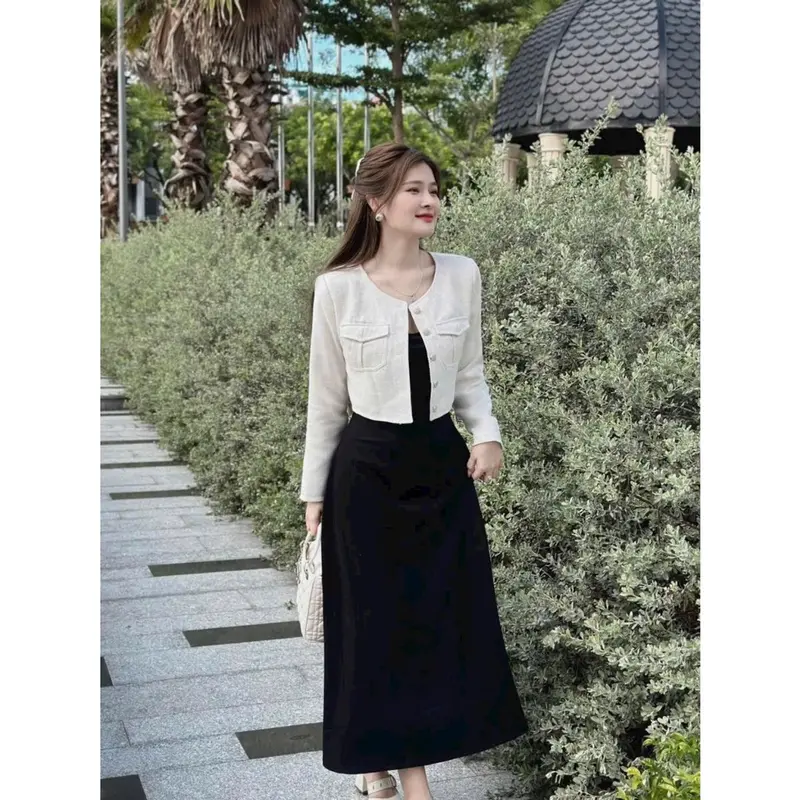 Set đầm nữ áo khoác dạ lenin đính nút phối túi kèm đầm dài cotton lạnh siêu xᶖnh 2