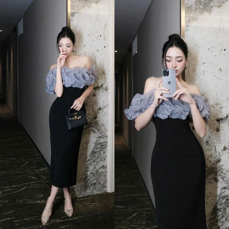 Đầm dự tiệc body dáng dài trễ vai phối bèo màu trắng màu đen sang chảnh