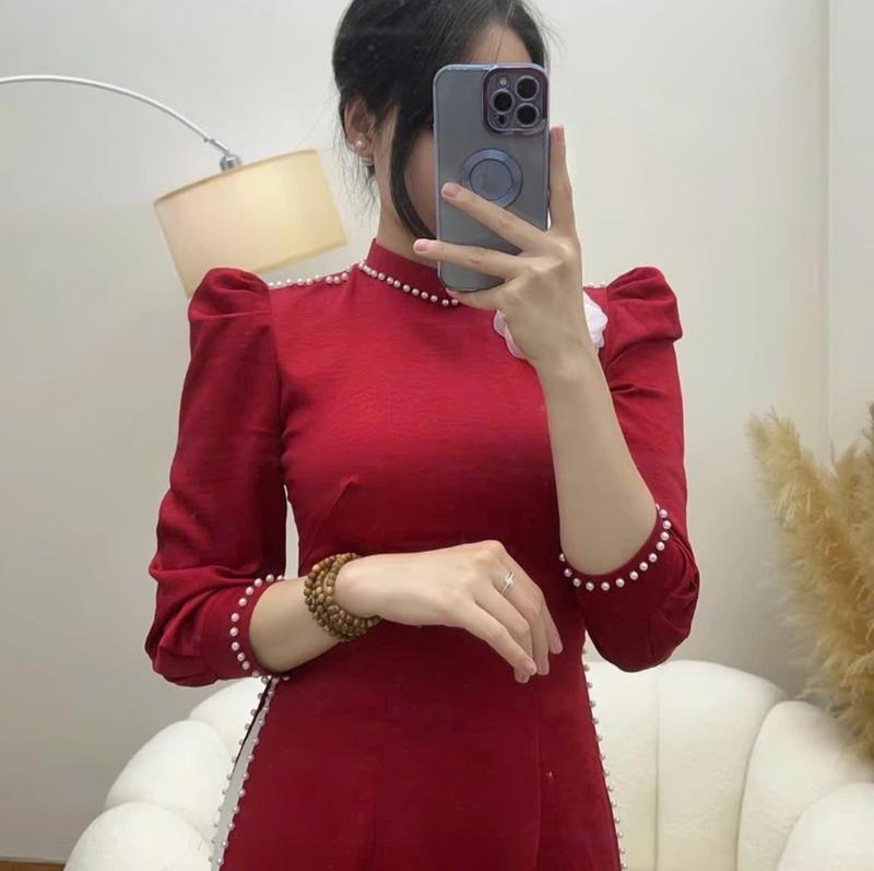 Áo dài nữ, áo dài truyền thống lụa Tây Thi màu Đỏ Đô điềm hoa đính ngọc xinh xắn 0