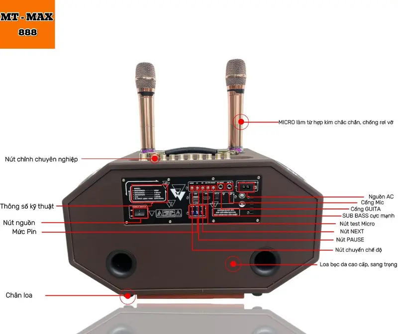 Loa Karaoke Xách Tay Bọc Da Cao Cấp MT MAX-888 16 Đường Tiếng, Bass Đôi 20, 2 Treble, 12 Trung ,Công Suất 1200W 6