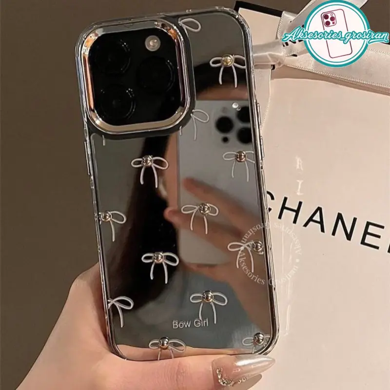 MIRROR COQUETTE BOW GIRL CASE IPHONE X XR XS MAX 11 12 13 14 15 16 PRO MAX 14+ 15+ 16+ PLUS Casing Cermin 2 in 1