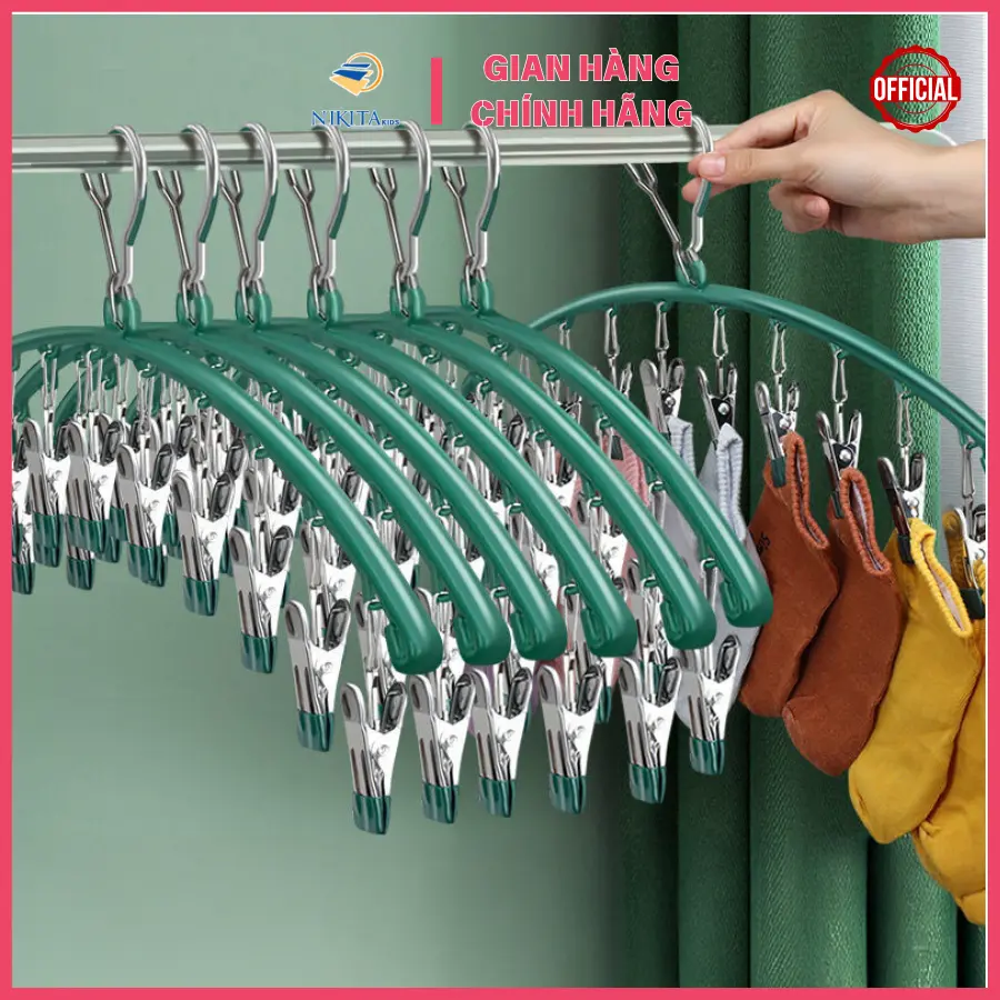 Móc Treo Đồ Trẻ Em, Tất Vớ, Đồ Lót Nikita - 10 Kẹp Bọc Nhựa, Khóa Chống Gió, Chống Trượt