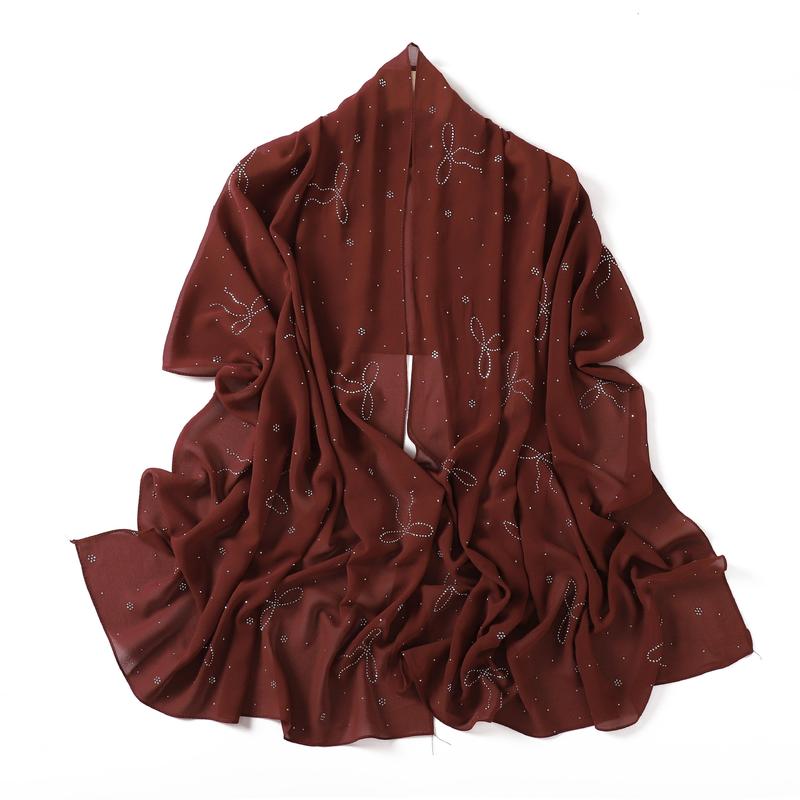 Product Introduction of High-End Heavy Craft Bowknot Rhinestone Solid Color Chiffon Long Scarf Full Rhinestone Shawl Headscarf Cape Scarf Silk Scarf for Women 15