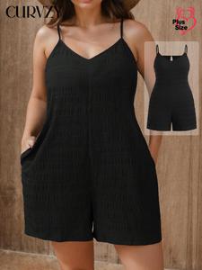 CURVZY Plus Size Solid Pocket Cami Romper, Casual Sleeveless Spaghetti Strap Romper for Summer, Women's Clothes for Daily Wear, Overalls