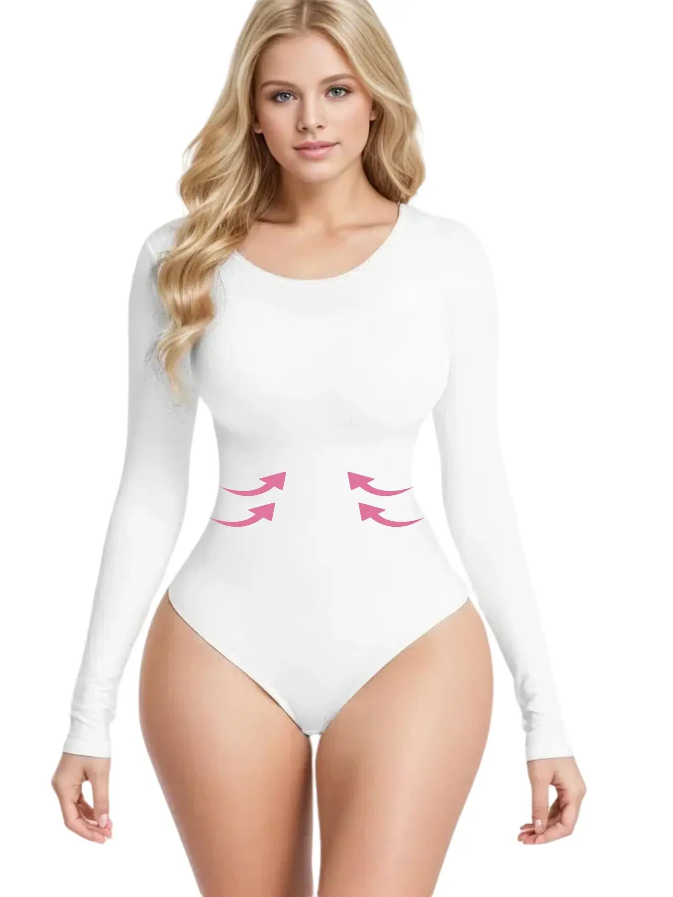 Women's Solid Scoop Neck Shapewear Bodysuit, Casual Comfort Long Sleeve Slimming Bodysuit, Waist Trainer, Tummy Tuck Bodysuit, Lady Shapewear for Spring Fall, Womenswear