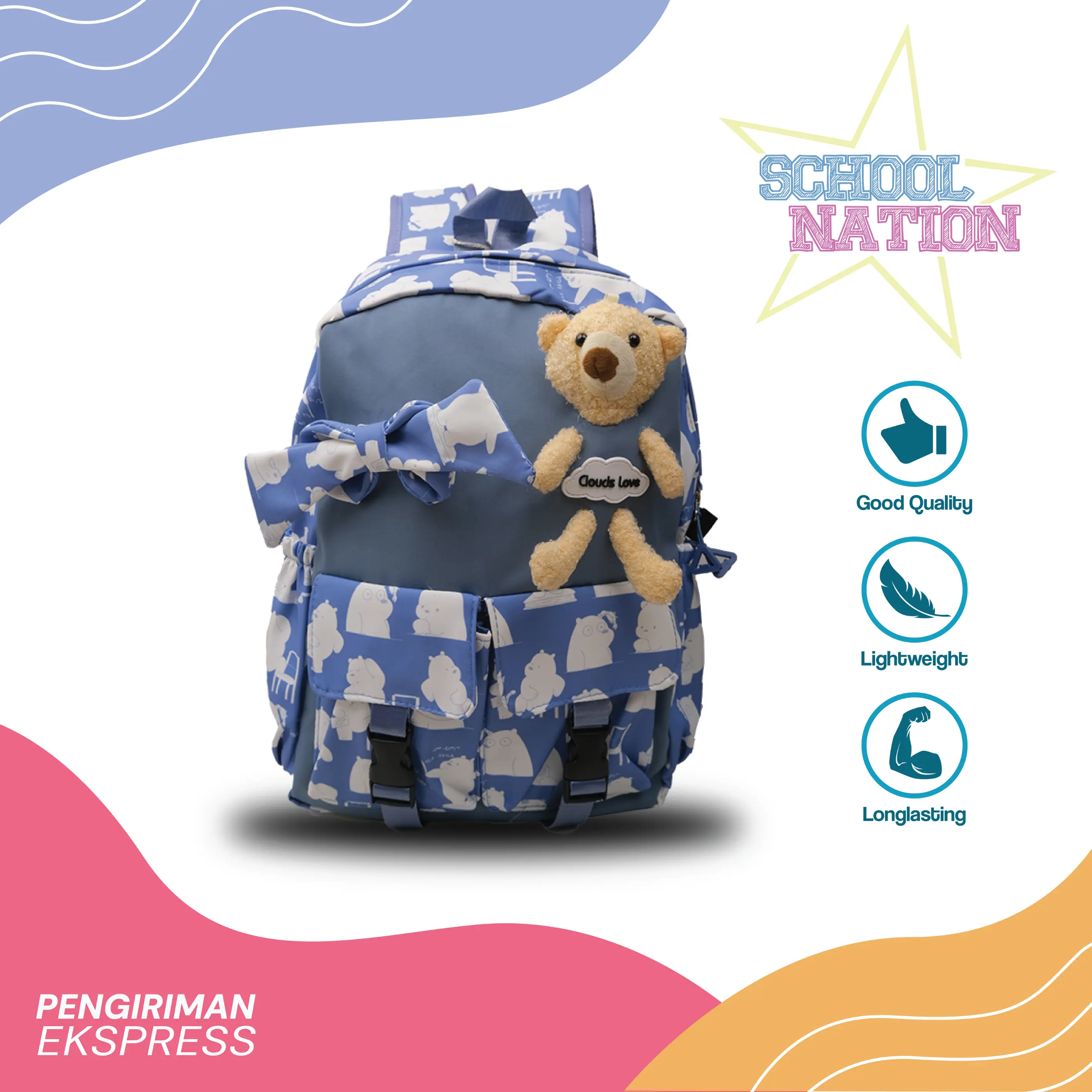 Tas Ransel Sekolah CLOUDS LOVE Muat Laptop Backpack Anti Air Boneka - 3926