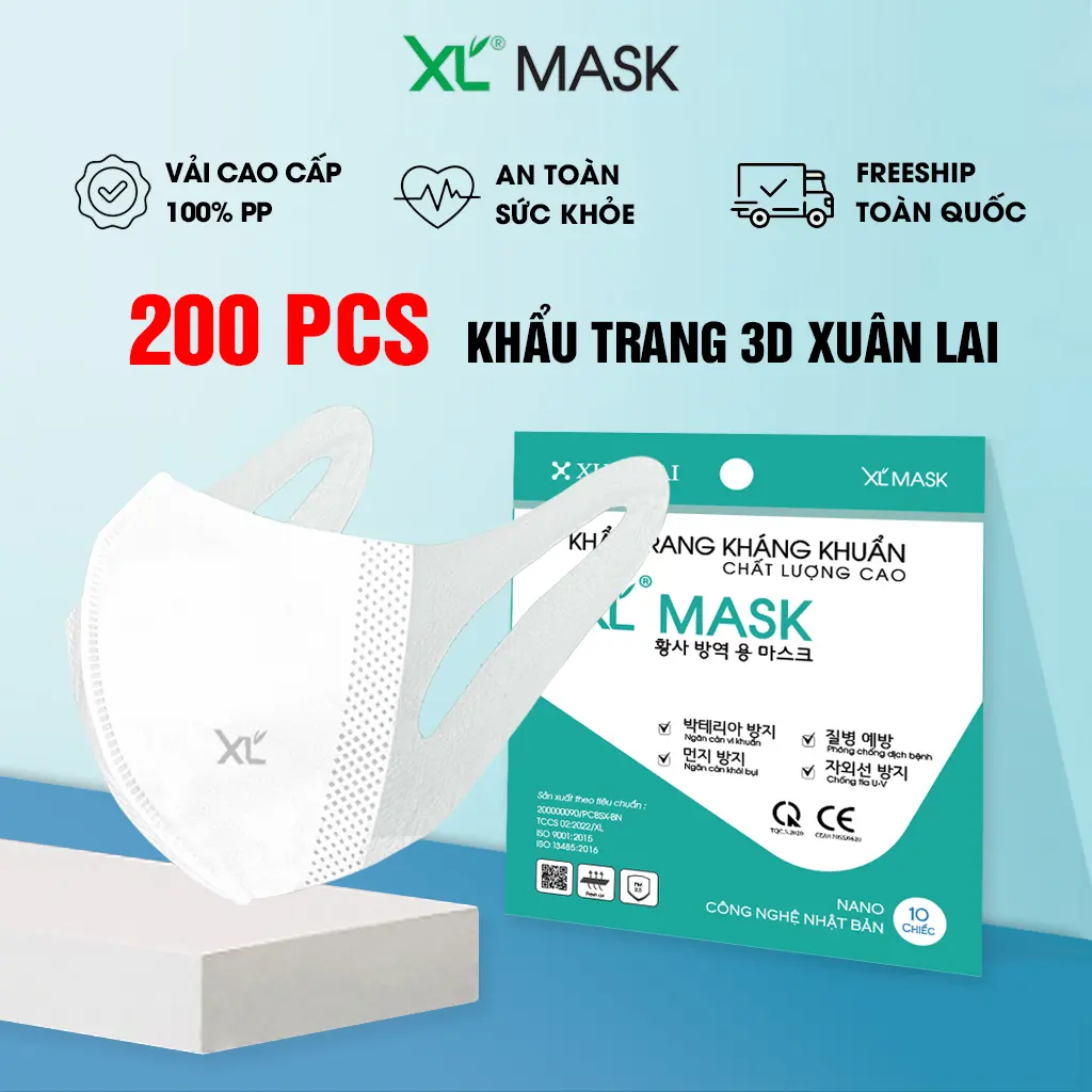 Thùng 200 cái Khẩu trang 3D Xuân Lai  3 lớp túi ZIP kháng khuẩn chống bụi mịn tia UV