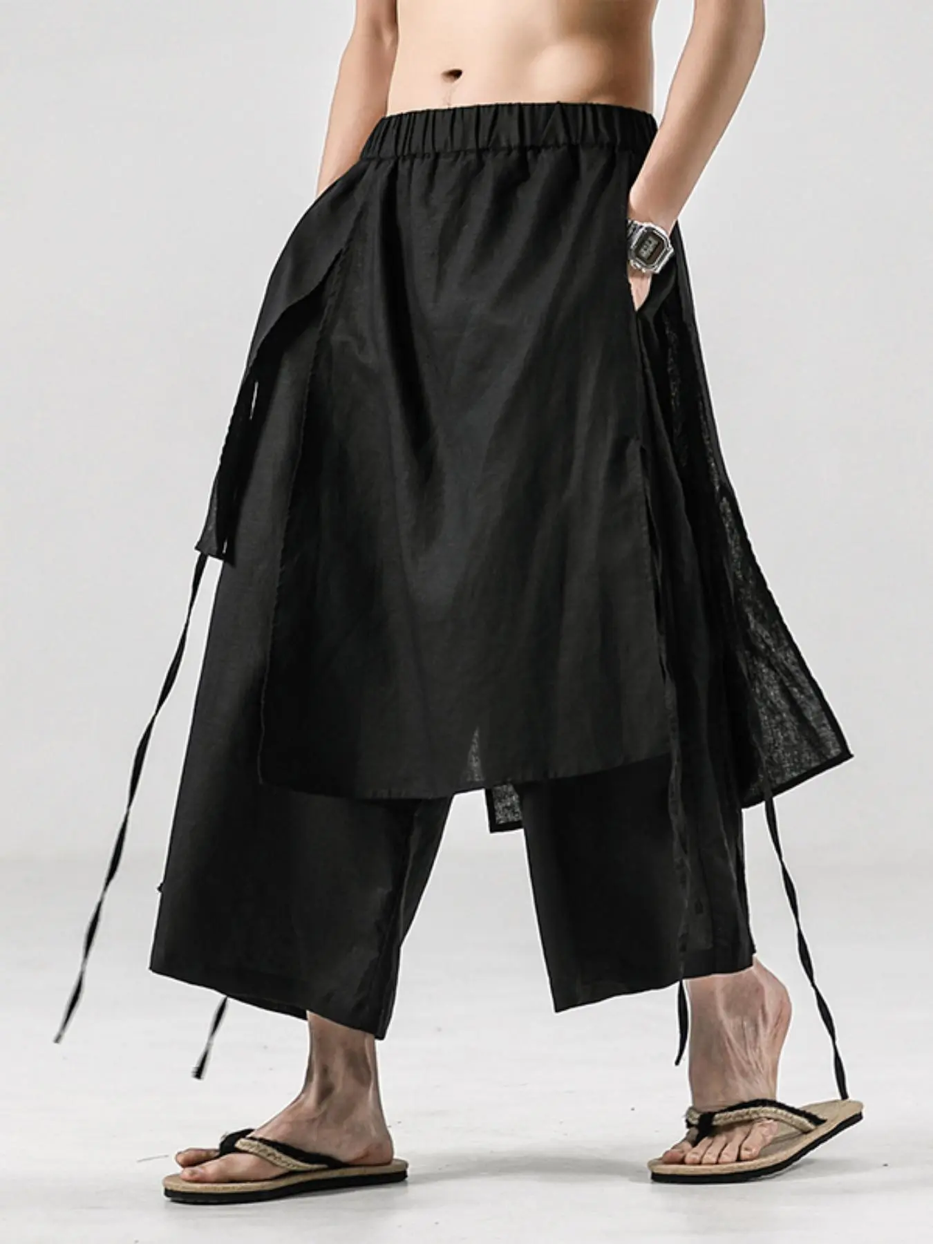 Men's Solid Pocket Elastic Waist Wide Leg Pants, Loose Casual Comfy Trousers for Summer, Men's Bottoms for Daily Wear