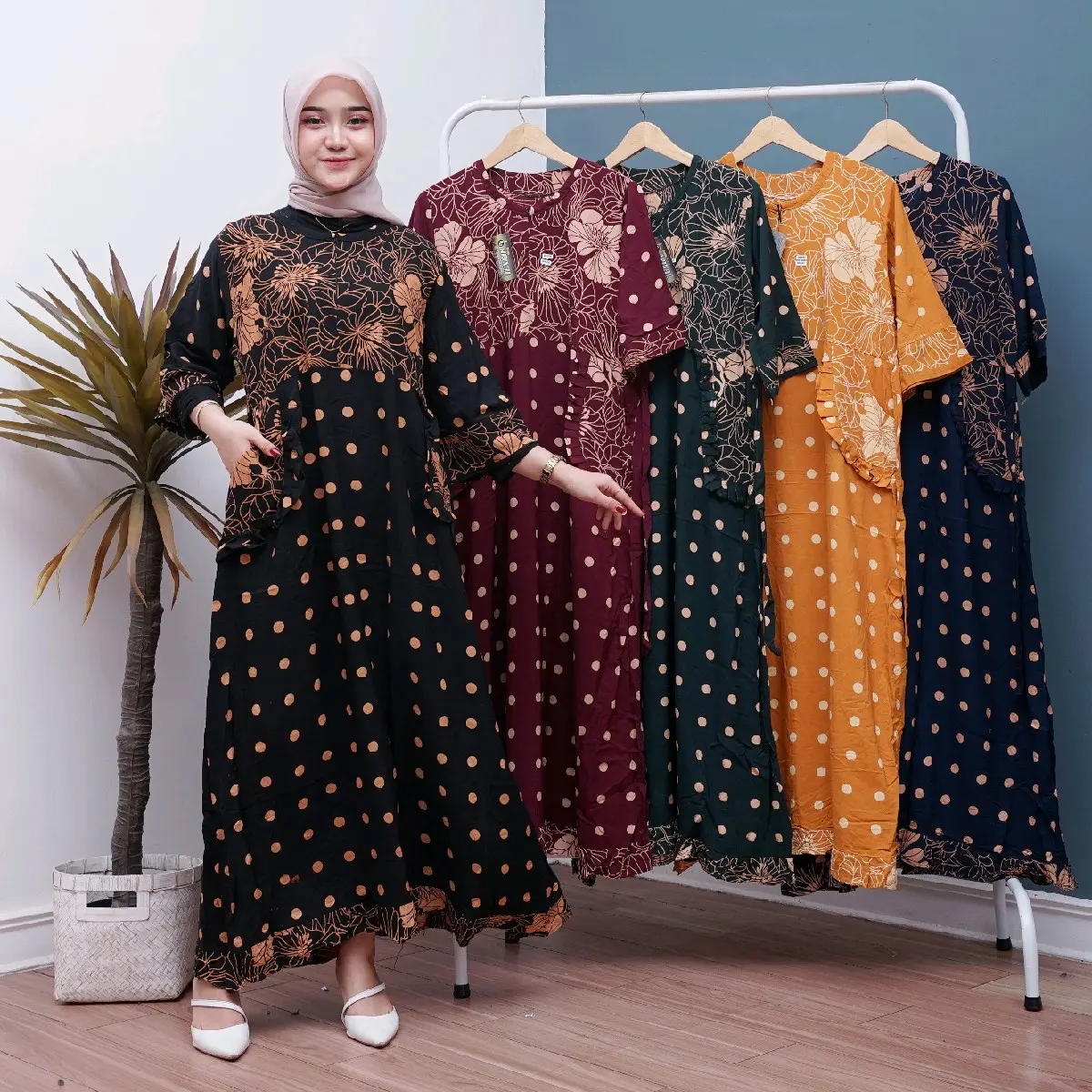 Gamis Rayon Premium Tebal Motif Bunga Polka Dot