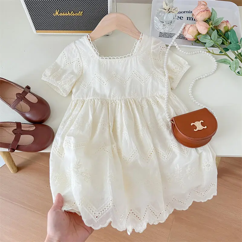 Váy Mùa Hè Cho Bé Gái, Tay bồng Khoét Lỗ, Có Ren Ngắn Tay, Thích Hợp Mặc Hàng Ngày, Trang Phục