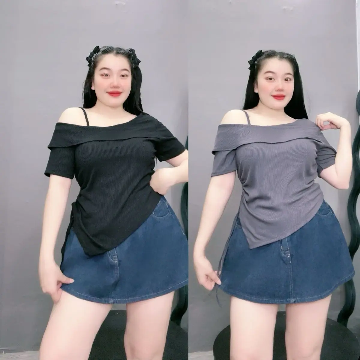 Áo kiểu Bigsize trễ vai vạt nhọn, dáng vừa trễ vai che bụng cực tốt chất vải thun gân mềm mịn, co giản cực tốt- G213