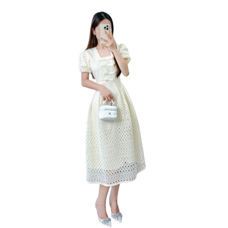 Váy đầm nữ dự tiệc thiết kế hai lớp ngắn tay vai phồng cổ vuông chất ren cao cấp V266 Women Dress