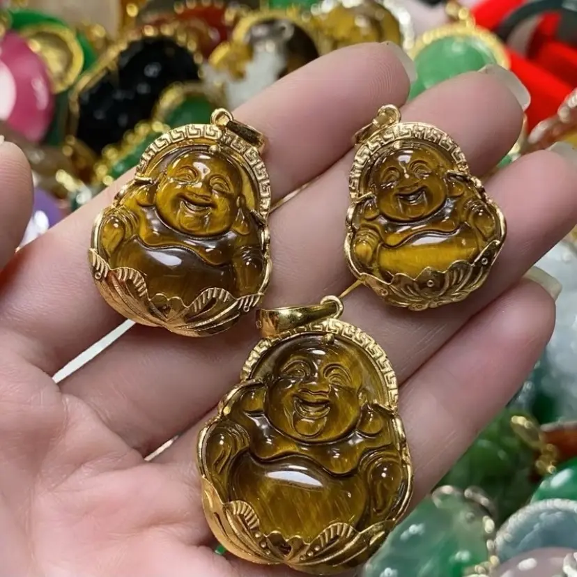 Mặt dây chuyền di lặc mắt hổ vàng nâu 3 size khung vàng non