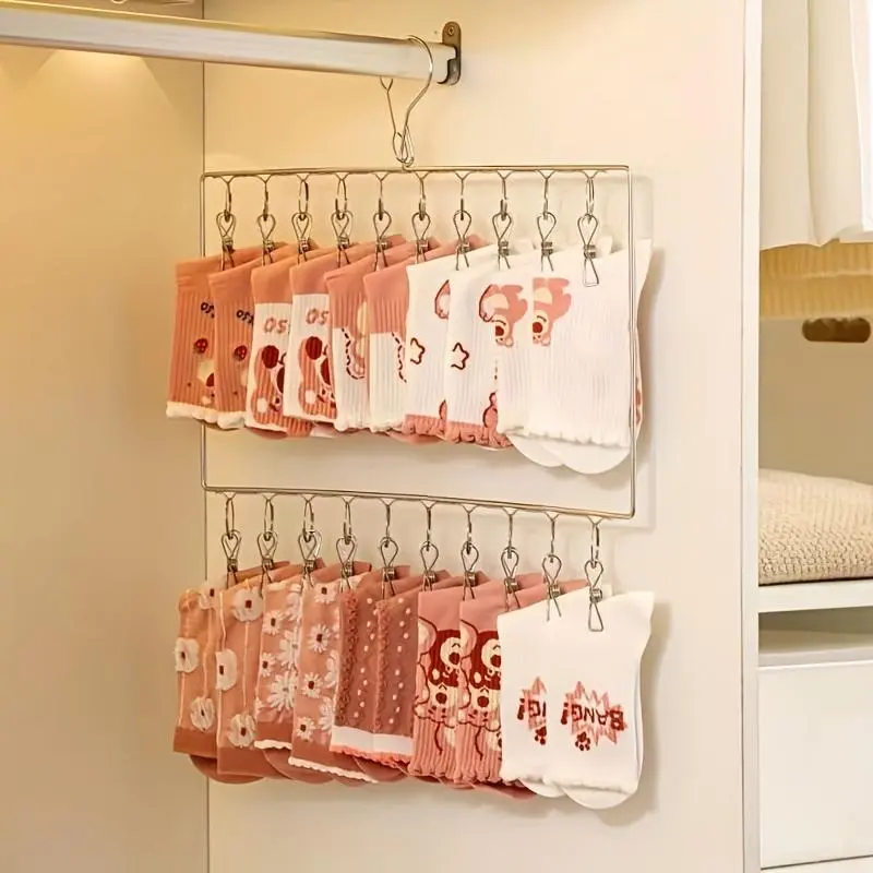 Metal Socks Drying Rack with 20pcs Clips, 1 Count Multi-functional Clothes Hanger for Socks, Bras, Underwear, Laundry Accessories 0