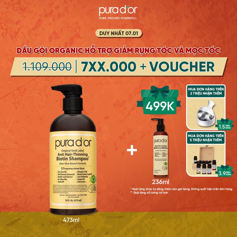 Dầu Gội Hữu Cơ Hỗ Trợ Giảm rụng tóc, mọc tóc Biotin Pura D'or Original Gold Label Chăm Sóc Tóc