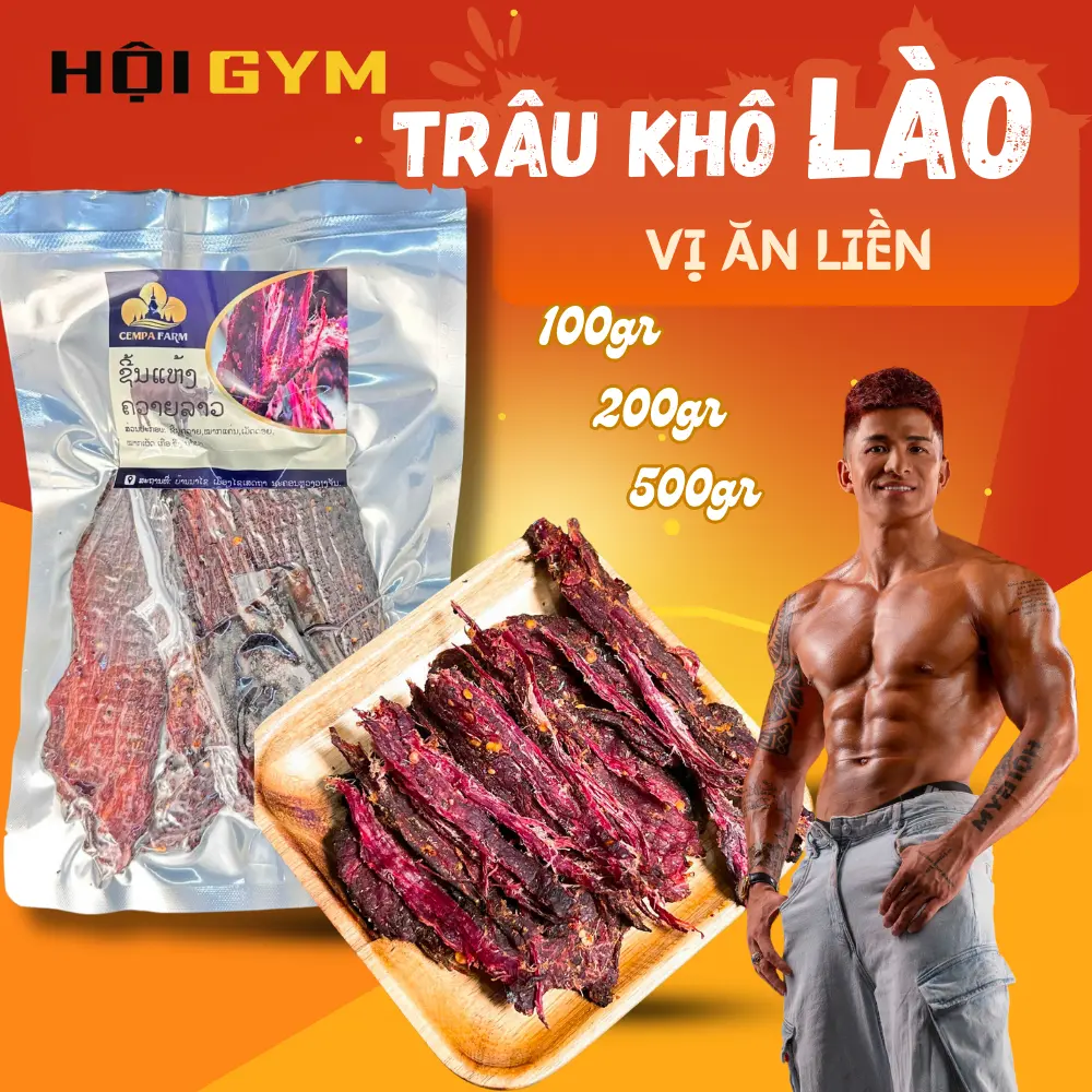 500G [ Hội Gym 88 ] - Thịt Trâu Gác Bếp Lào Ăn Liền Cempa  -  Chế biến thì thịt trâu Lào tươi ngon chuẩn Lào + KÈM CHẲM CHÉO