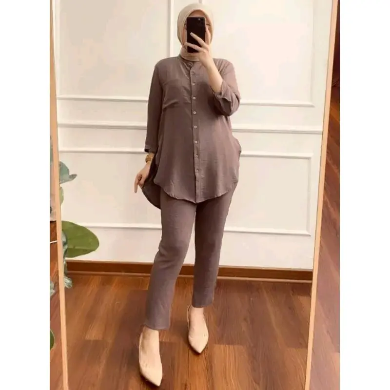 Hana Set Crinkle Airflow Premium Import UKURAN JUMBO LD 120 // Hana Set Crinkle Airflow Premium Baju Celana Wanita baju celana kancing  lembut  muslim  kulot  dewasa  tunik  panjang  atasan Setelan  Oversize  Linen