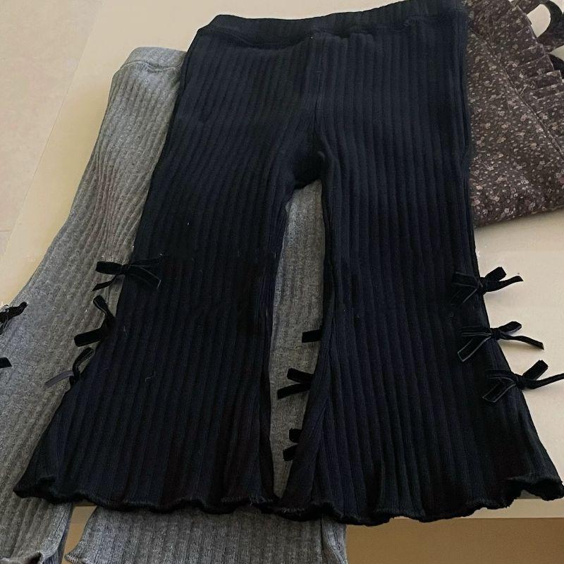 Product Introduction of Girls Flared Pants 2024 Autumn New Korean Style Baby Bow Stretch Sunken Stripe Cotton All-Matching Slim Fit Pants Fashion 1