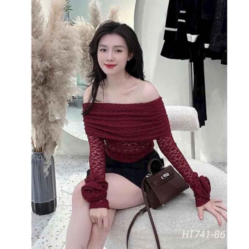 Áo trễ vai ren tay hoa hot _ Áo ren trễ vai tay đính hoa sang sịn 0
