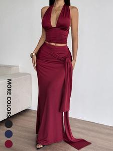 Women's Solid Color Top & Skirt Two-piece Set, Fashion Casual Top & Skirt for Daily Outdoor Wear, Women's Clothing for Summer