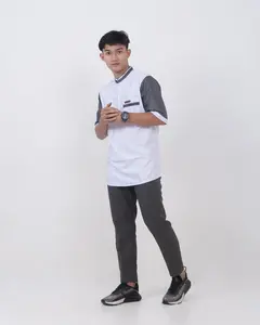 BAJU KOKO KURTA EZRA Katun Poliester Navy Putih Seragam Panjang Formal Muslim Motif