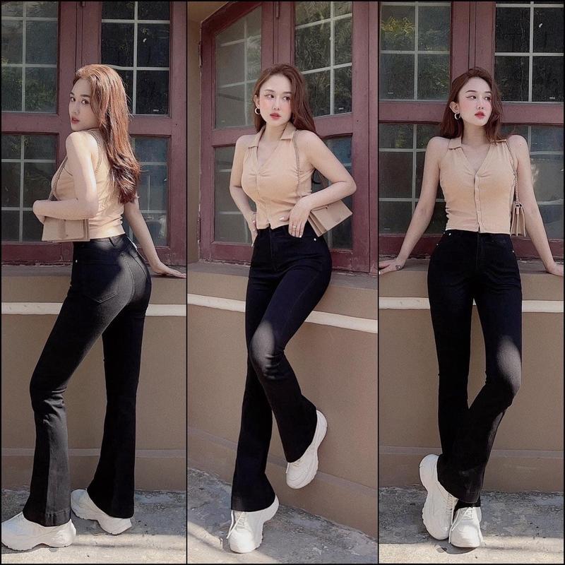 Quần Jean Ống Loe Cạp Cao Dáng Dài Quần bò loe Siêu Hot Tôn dáng Chất Mềm Co Giãn bốn chiều hai màu đen trắng