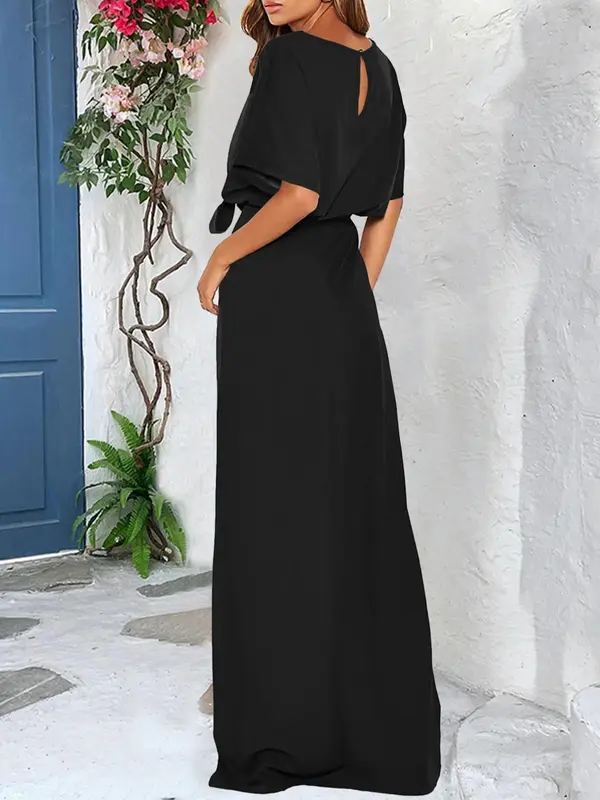 Women's Plain Belted Split Thigh Maxi Dress, Elegant Fashion Dress for Party Holiday Wedding Guest, Ladies Clothes for All Seasons, Gown 1