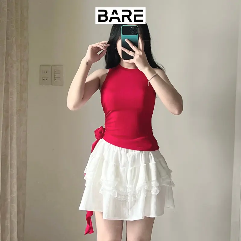 BARE.Y2K_Áo Thun Sát Nách Đính Hoa Có Lớp Lót Chất Dệt Nhũ_A275 Nữ Women Top Thun Voi Cotton Jean Cổ Tròn Ong Voan 3