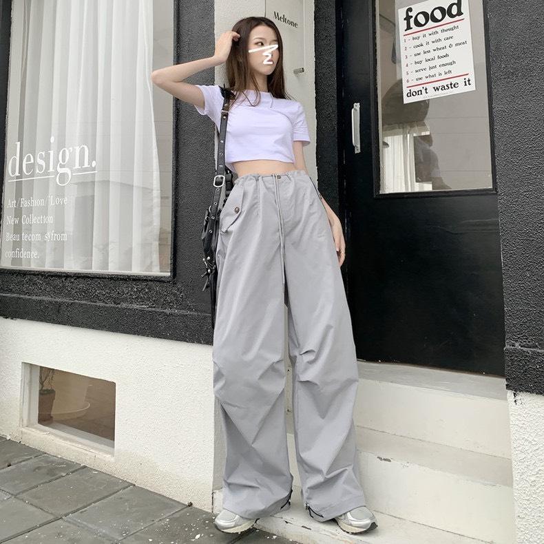 Quần dài ống rộng phối dây rút màu GHI XÁM Nữ Pants Women Ong 5