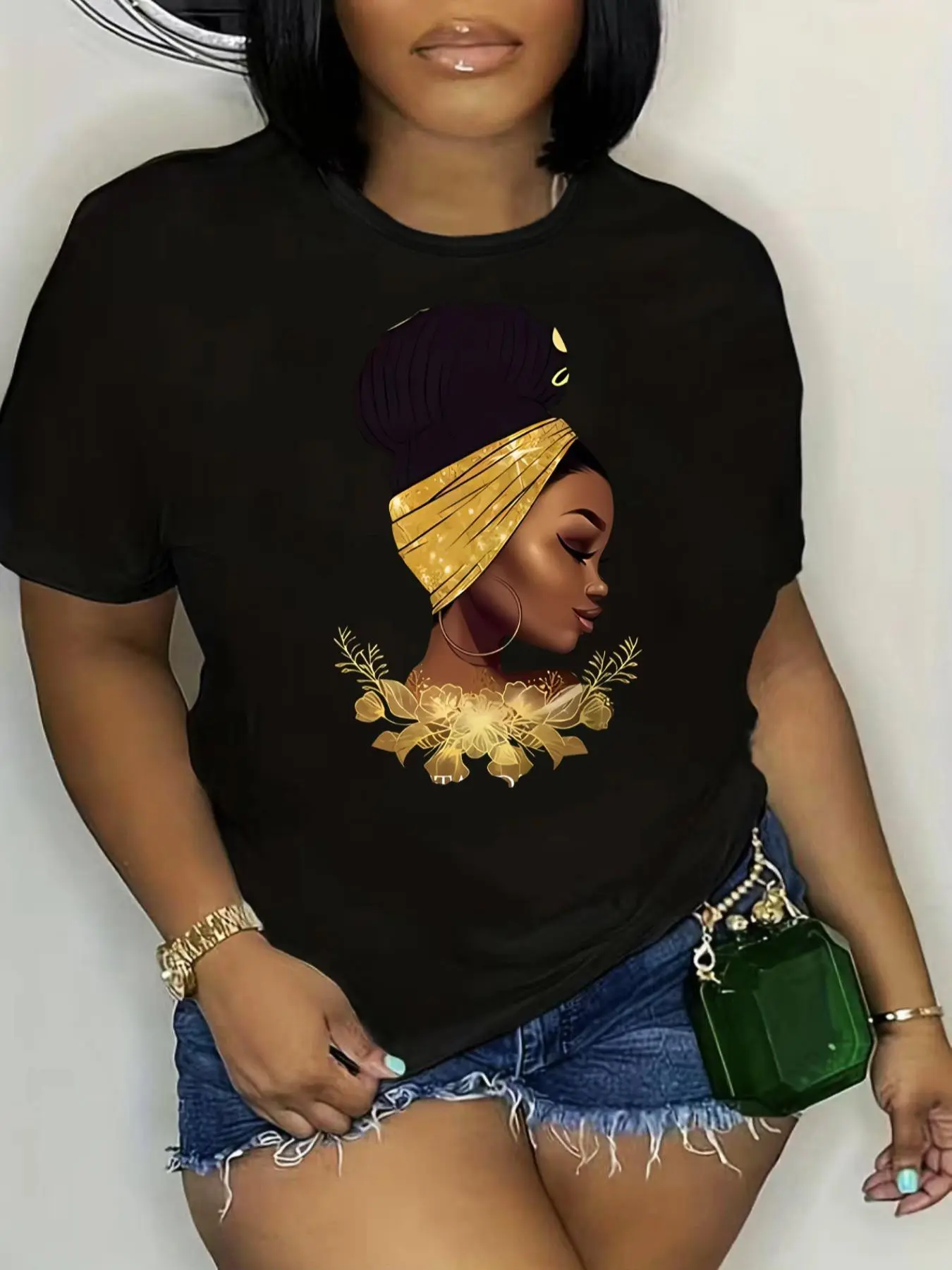【Plus Size】 Figure Print Round Neck Tee, Casual Short Sleeve Crew Neck T-shirt for Spring & Fall, Women's Plus Clothing for Daily Wear