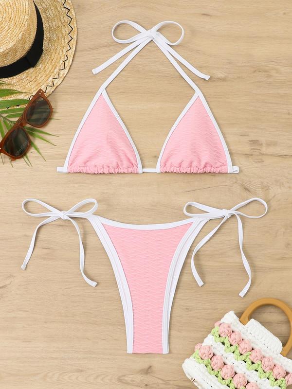 Two-Piece Set Women's Boho Contrast Binding Bikini Swimsuit, Halter Neck Tie Back Triangle Swim Bra & Tie Side Swim Bottom, Ladies Summer Swimwear for Beach Holiday Vacation 4