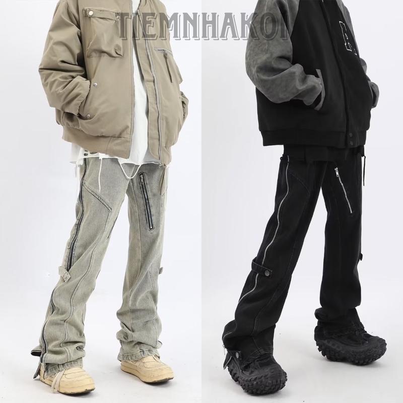 Quần jean denim Double knee zip ống suông, cạp chun tiemnhakoi