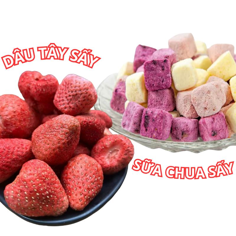 100G Dâu tây sấy và SNACK VỊ SỮA CHUA sấy thăng hoa  - Cực kì ngon lạ miệng, Trái cây sấy lạnh tự nhiên, không đường combo SC  sấy giòn Cay Snack Ăn Vặt Food dâu tây sấy khô  giòn hằng du mục