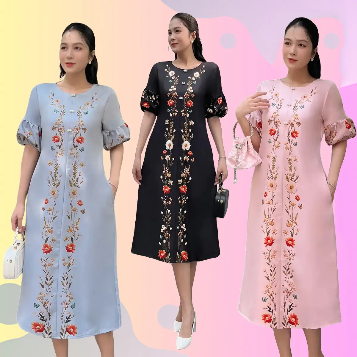 Lady Fashion - Đầm suông thiết kế hoa dây tay bồng sang trọng D116
