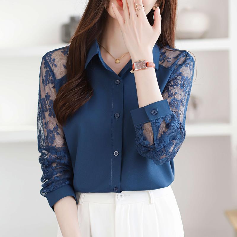 Product Introduction of Áo Cánh Voan Ren Ve Áo, Dòng Màu Xanh Dương, Dành Cho Nữ, Áo Cardigan Dài Tay, Ngoại Cỡ, Không Cần Ủi 7