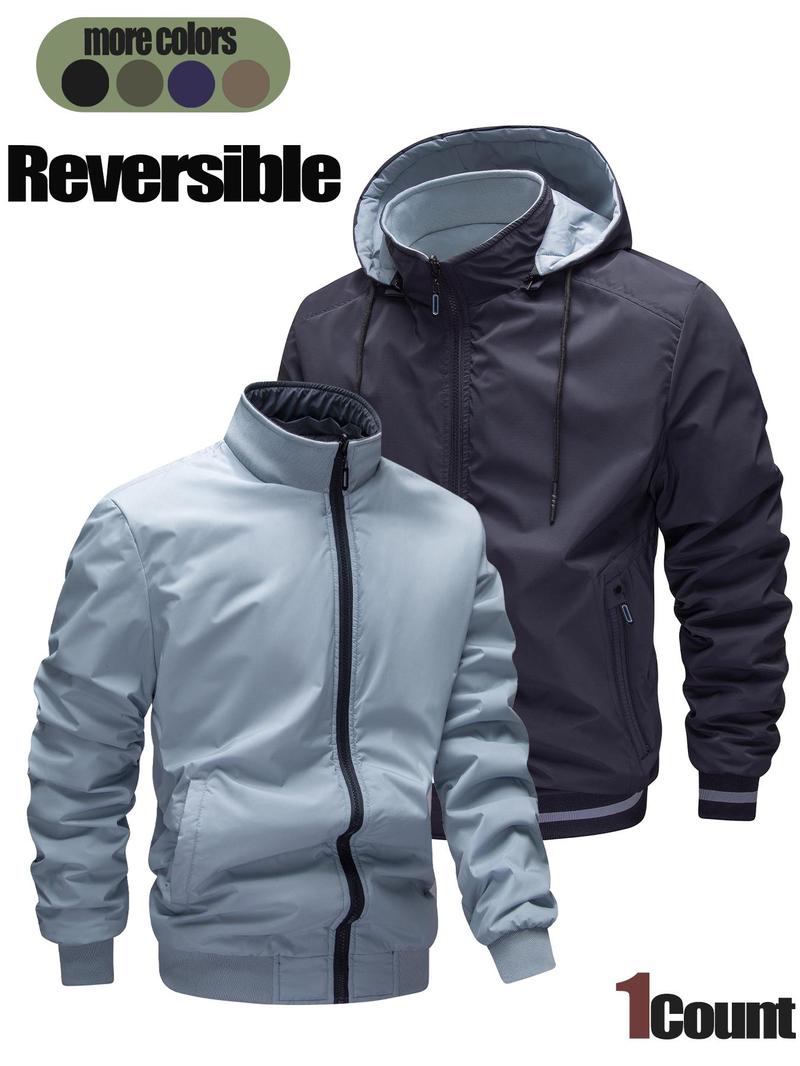 Product Introduction of Men's Solid Color Reversible Pocket Zipper Removable Hooded Jacket, Loose Casual Waterproof Windproof Drawstring Long Sleeve Outerwear for Fall & Winter, Men's Clothes for Daily Wear 7