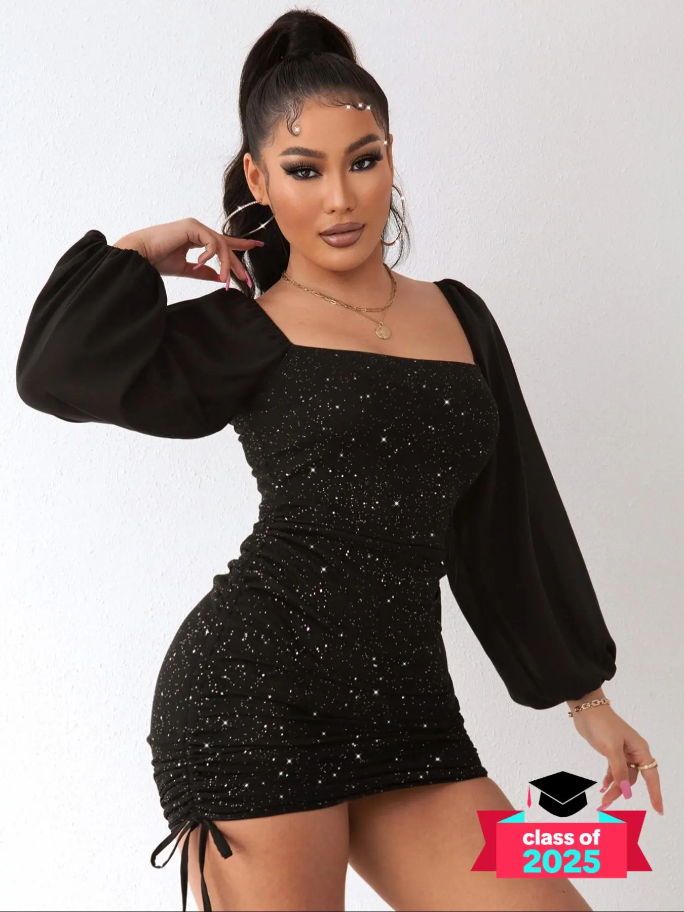 Women's Glitter Sequin Ruched Drawstring Bodycon Dress, Elegant Lantern Sleeve Square Neck Mini Dress for Party Club Dating Wear, Dresses for Women, Ladies Spring & Fall Clothes